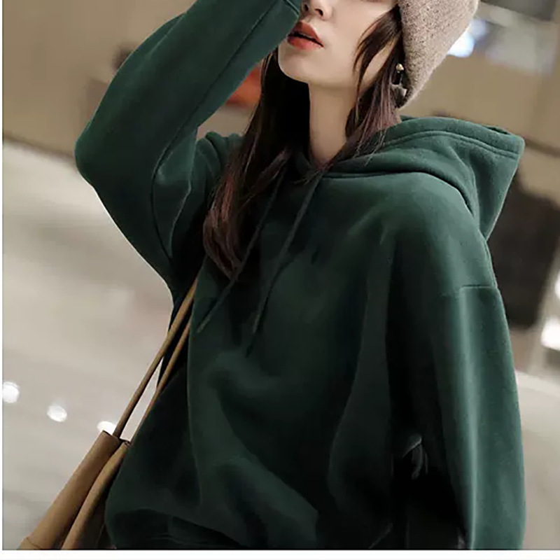 Clearance Sale: Dark Green Hooded Sweatshirt for Women, Fleece-Lined, Thickened, Petite, Loose Fit, Long Sleeve Pullover