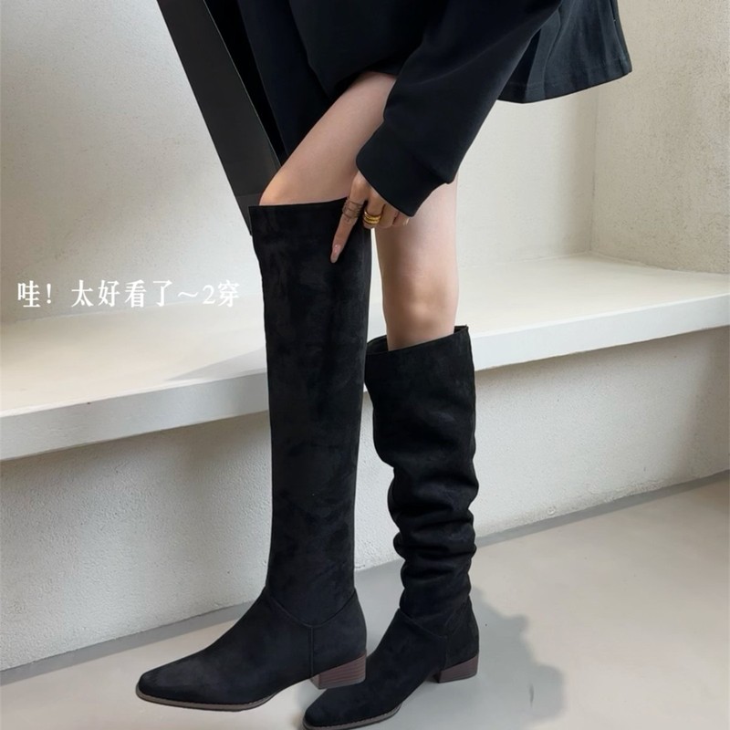 粗跟绒面过膝靴堆堆长靴女鞋2025秋冬季卡其色瘦瘦长筒靴骑士靴子|undefined