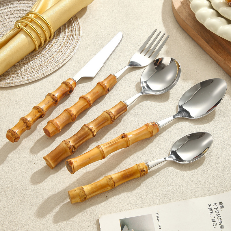 クロスボーダー竹祭り食器セット天然竹ハンドルナイフフォークスプーン304ステンレスホテル洋食ギフトセット|undefined