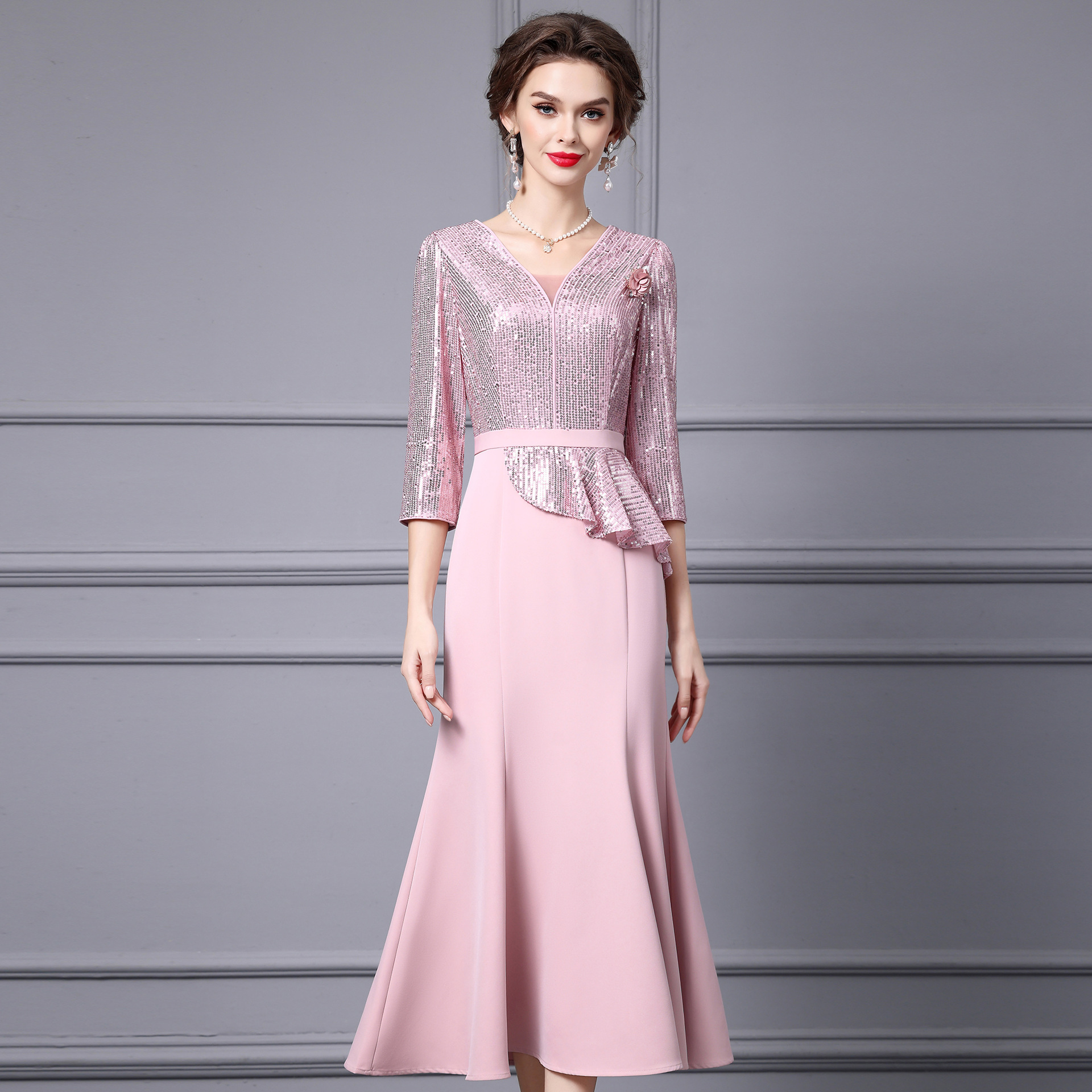 Zhili Pink dress plus size Women's chubby girl Belly Covering Light Luxury High-end Feeling Annual Meeting Host Long Dress