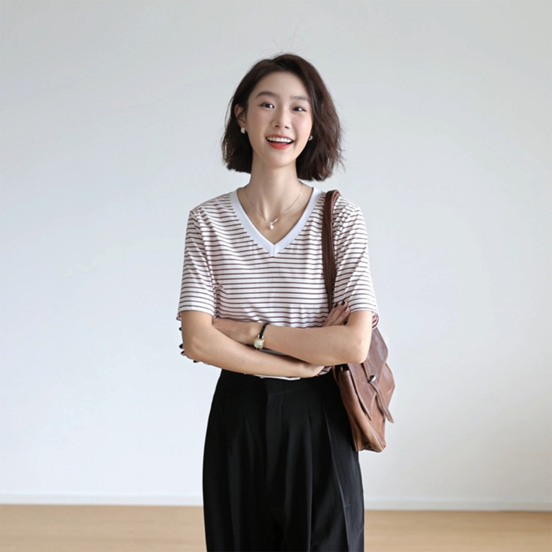 纯棉减龄条纹正肩t恤女短袖V领经典宽松显瘦极简基础款体恤衫上衣|undefined