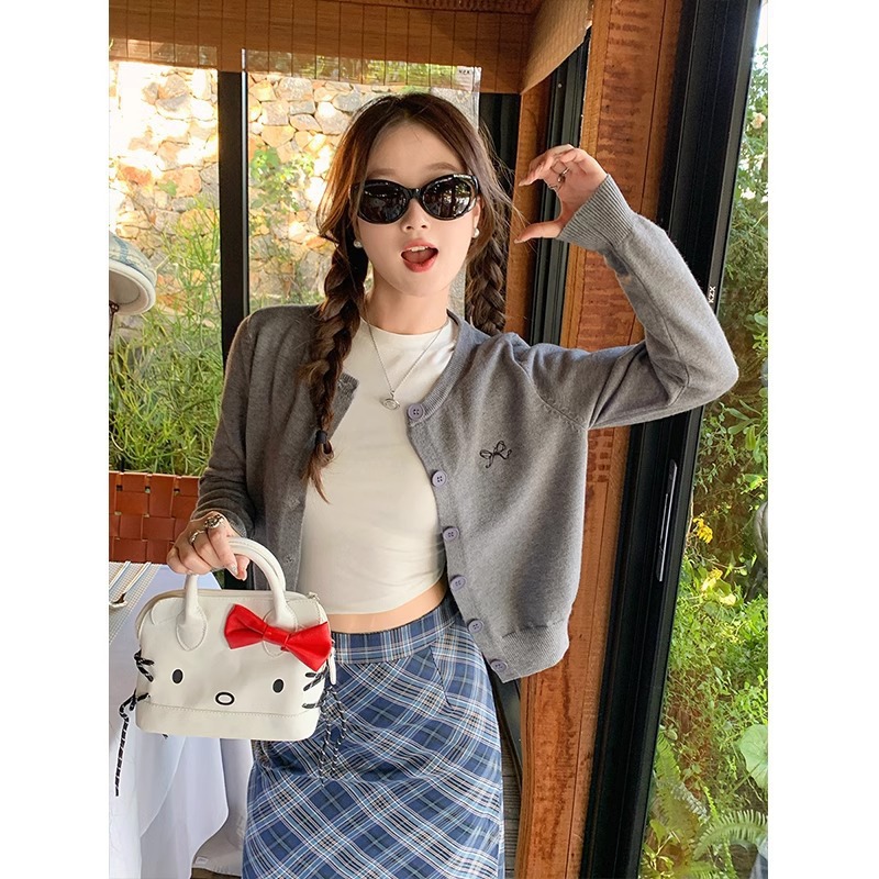 长袖针织开衫外搭刺绣蝴蝶结修身显瘦秋季新款绝美外套黑色上衣