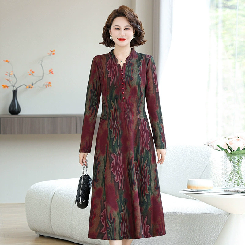 Высококачественное осеннее платье с длинными рукавами, новое женское модное платье с v-образным вырезом для женщин среднего и пожилого возраста, темпераментная юбка с цветочным принтом