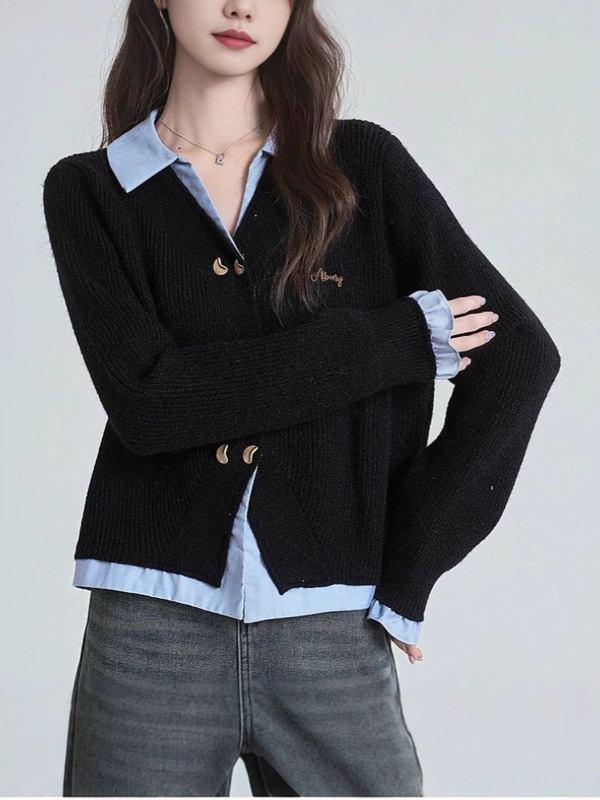 翻领针织开衫女学院风假两件拼接2025秋冬新款毛衣外套短款上衣潮|undefined