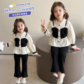 女童套装2025冬季新款洋气小香风女宝宝假两件衬衣喇叭裤两件套潮