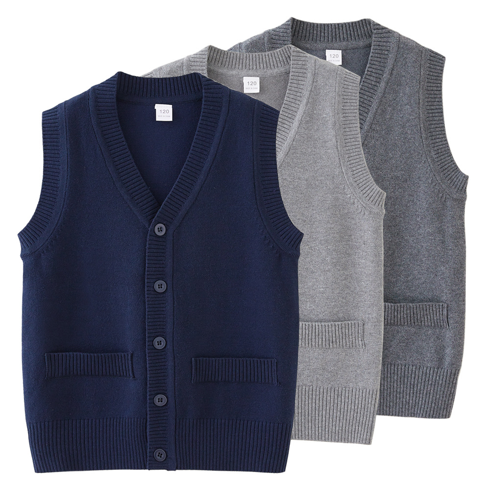 Transfronterizo europeo y americano Bolsillo falso niños y niñas Chaleco de punto Chaqueta de punto medio y grande suéter de los niños chaleco uniforme escolar al por mayor