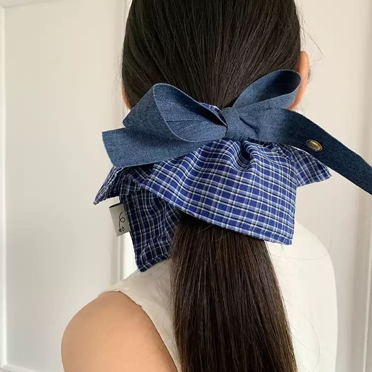 デニムリボンスクエアスカーフポニーテールヘアバンド大高級スクエアヘッドバンドチェック柄無地ヘアバンドヘアアクセサリー|undefined