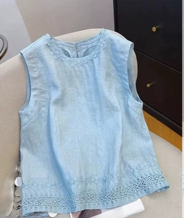 今年人気のブルー刺繍リネンノースリーブシャツ女性用2025夏の新しいルーズで多用途の甘いトップストレンド|undefined