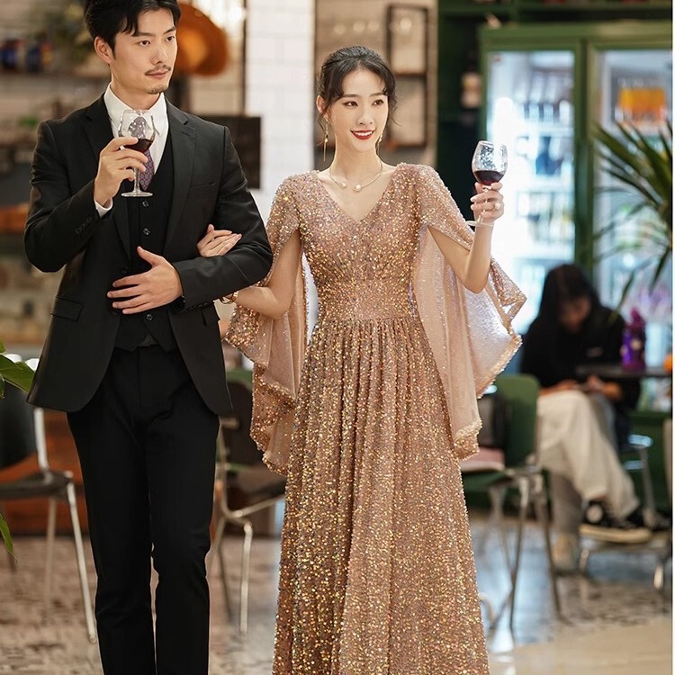 Gold Evening Dress for Women, High-End Elegant Banquet, Accessible Luxury Niche, Classy Sequin Annual Meeting Host Performance Long Style