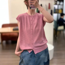 2026春夏新款棉麻时尚气质休闲宽松显瘦开扣轻薄套头短袖针织衫女