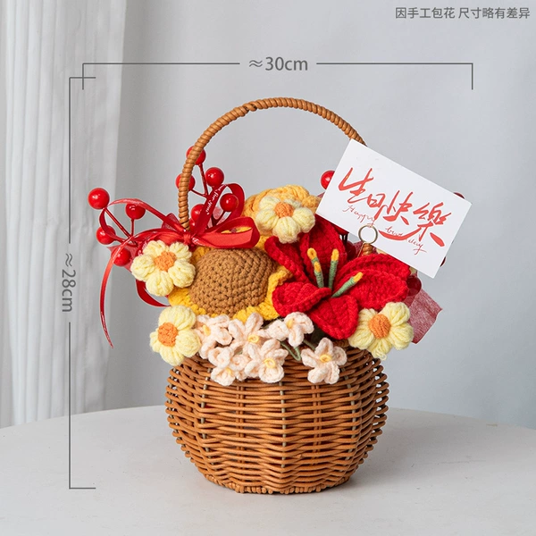 Knitted hand-held flower basket-forget-me-not