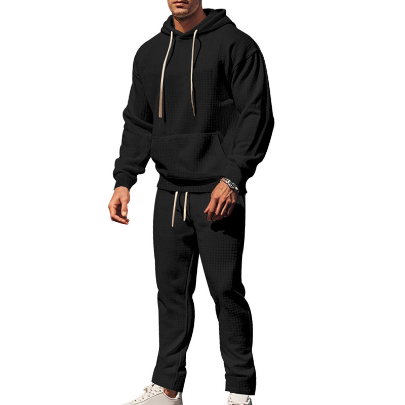 Men's Clothing heavy jacquard small square long sleeved trousers hooded suit _voghion.com