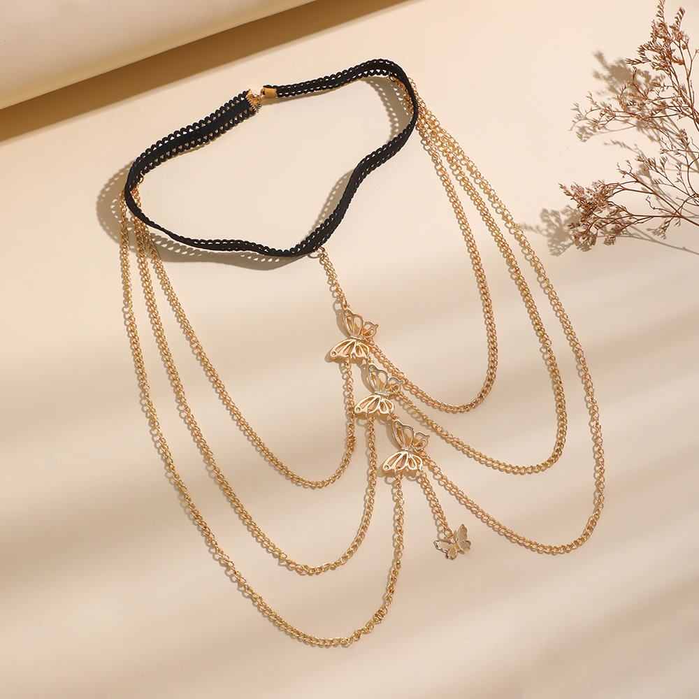 Cross-border exclusive exaggerated leg chain, European and American sexy individual elastic rope lace multi-layer gold butterfly leg chain wholesale