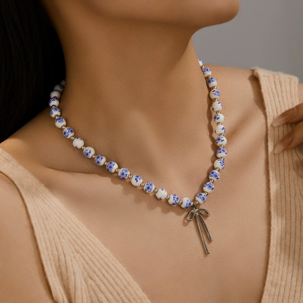 Ретро сине-белый фарфоровый элемент, ожерелье из бисера, серебряный бант, уникальные и элегантные женские аксессуары в китайском стиле