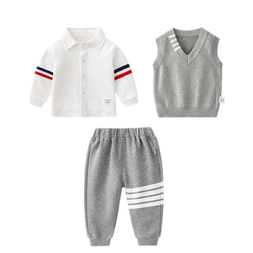 Spring and Autumn New Korean Style Children's Set Including Boys' Sporty Base Shirt, Backless Top, and Pants - Stylish First Birthday Outfit