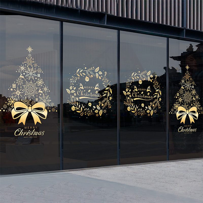 圣诞节氛围布置装饰商场珠宝店铺玻璃贴纸静电贴圣诞树花环橱窗贴