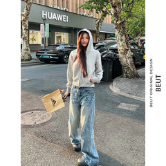 山东即墨嫚彩迪品牌美式街头短款双头拉链开衫连帽卫衣女潮流帽衫