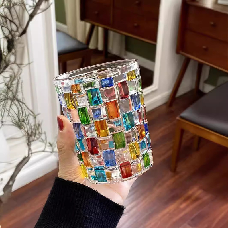 Painted woven cup will refract rainbow luster water cup blingbling hand-painted design glass cup summer