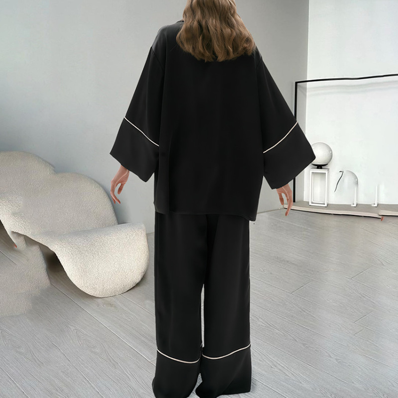 秋季新品宽松锻面拼接上衣长裤睡衣套装宽松冰丝女式家居服欧美风|undefined