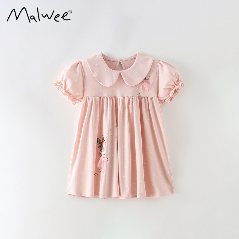 En stock malwee niñas vestido de verano nuevo europeo y americano de los niños de manga corta impresa vestido de princesa de los niños