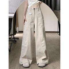 美式复古米杏色拼接高腰牛仔裤女宽松阔腿设计感百搭直筒长裤子潮
