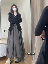 高级感长袖黑色假两件开衫套装女夏季清冷感不规则高腰A字半身裙