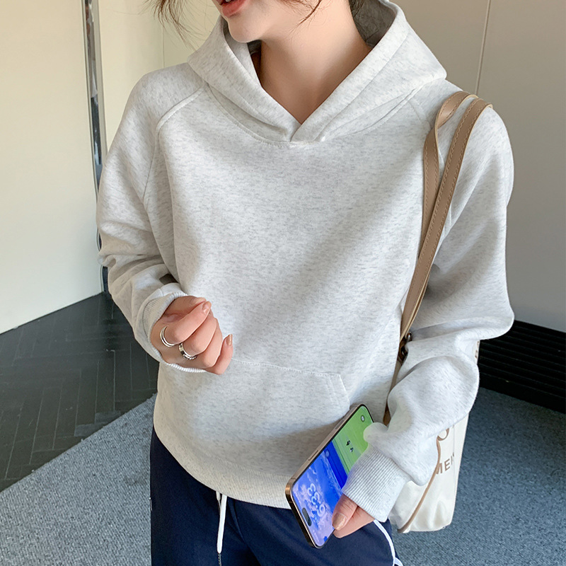 K1202 Pullover Hooded Sweatshirt for Women in Autumn and Winter Thickeneded Right Shoulder Casual Pure Color Loose Slimming Look Versatile Long-Sleeved Top