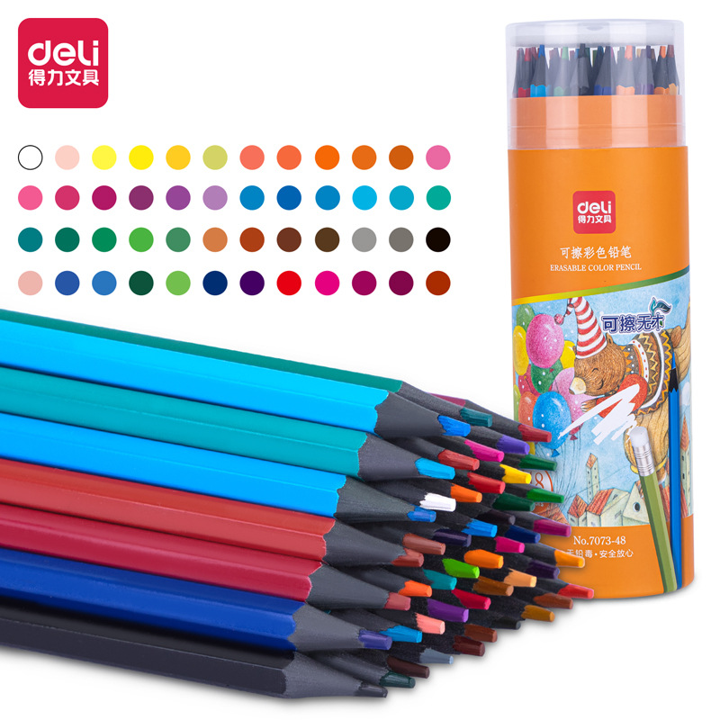 Deli 7073 Erasable Colored Pencils with Eraser for Children, Colored Pencils for Art Sketching and Drawing, Student Drawing Pens