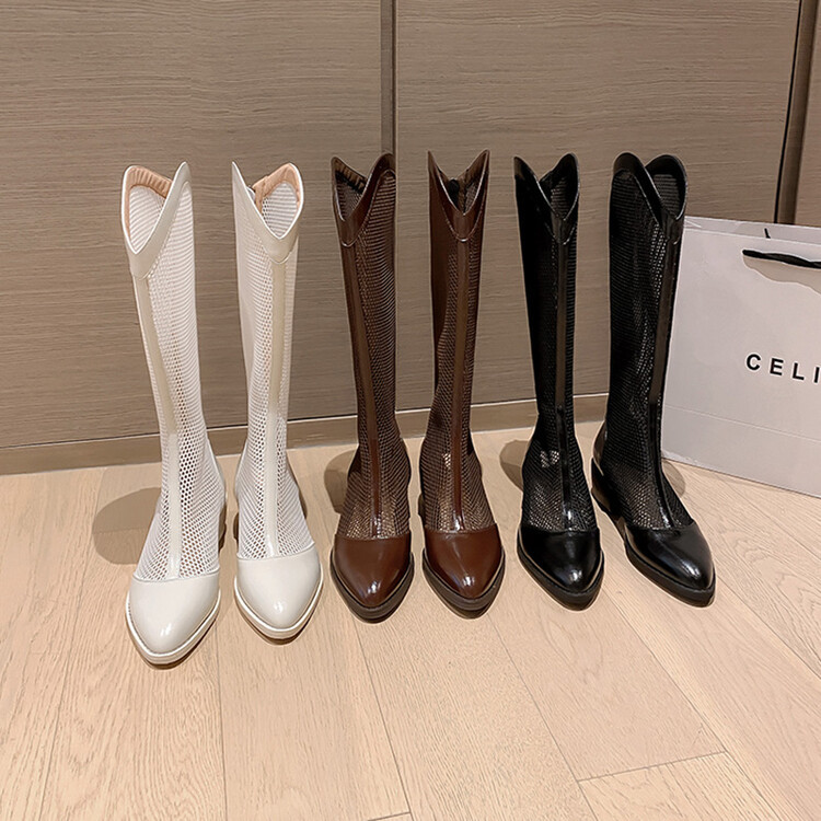Boot nữ cổ cao da thật đế thô gót vuông ống lưới rỗng dây kéo sau — Màu nâu ống lớn, Ống nhỏ màu đen, Ống nhỏ màu nâu, Ống nhỏ màu trắng Be chi tiết 21