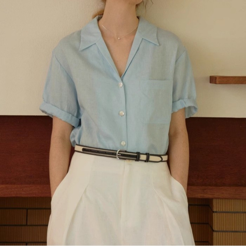 French Chic Cuban Collar Full Linen Curl Sleeve Deep V Short Sleeve Shirt Two-Color