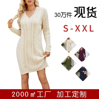 跨境欧美女装V领毛衣裙2023秋冬绞花针织连衣裙气质长款毛衣裙女