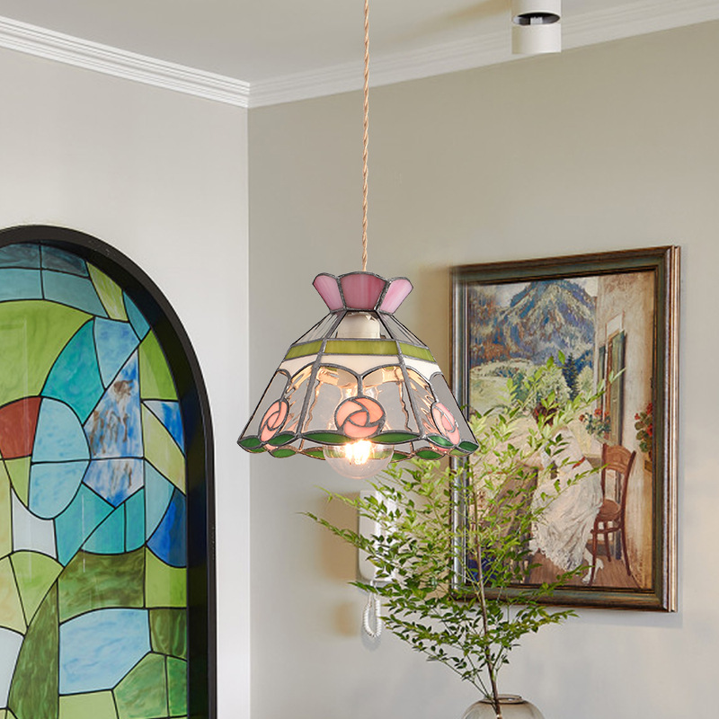Lámpara de soldadura hecha a mano de latón retro estilo americano cabecera pasillo restaurante café vidrio de colores pequeño candelier
