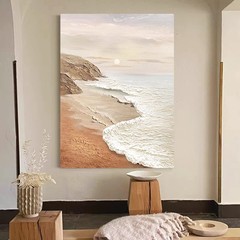 手描き油絵ソファー背景壁客間装飾画玄関油絵厚い筋理海上日の出縦版掛け画