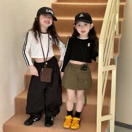 女童修身春秋新款儿童长袖纯棉T恤爵士舞洋气高腰上衣短款打底