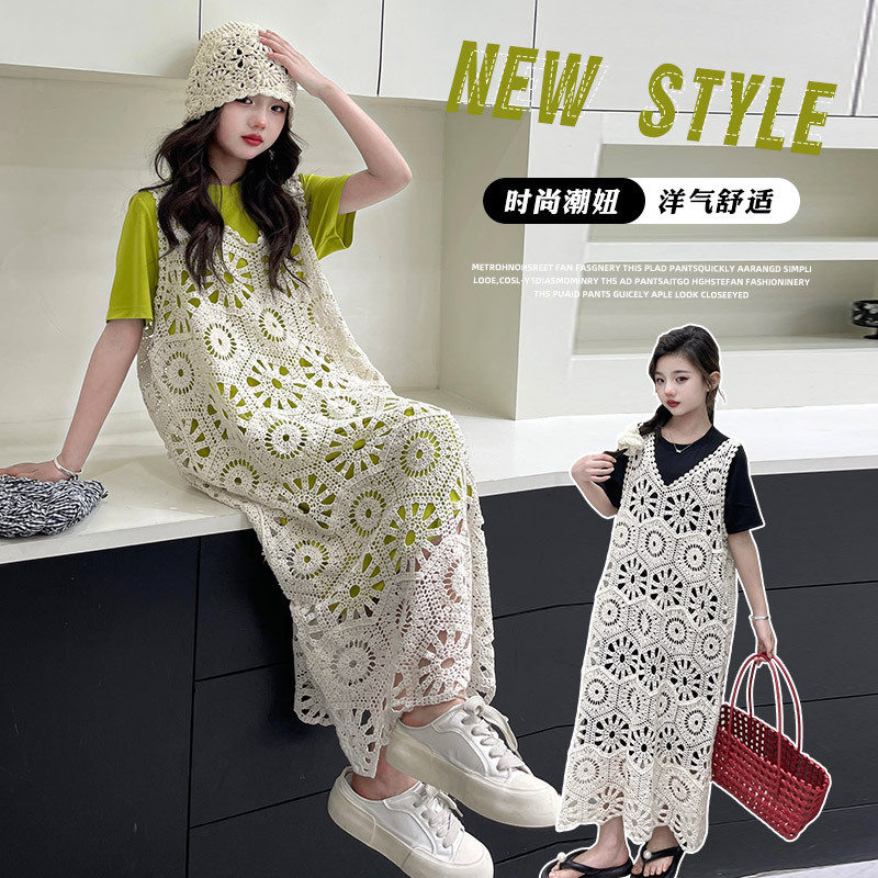 Girl's Hollow Knitted Sling dress suit Summer 2025 New Loose T-shirt Dress Gentle Style Long Dress Girl's Hollow Knitted Sling dress suit Summer 2025 New Loose T-shirt Dress Gentle Style Long Dress