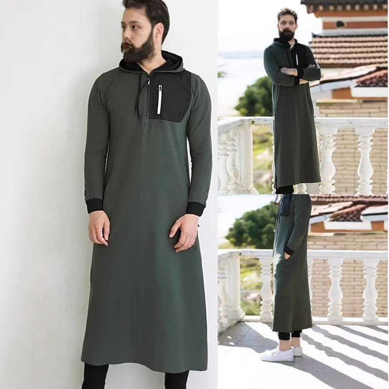 Cross-border European and American New Men's Amazon Long-sleeved Hooded Drawstring Long Sweat Vintage Zipper Pocket Robe for Men