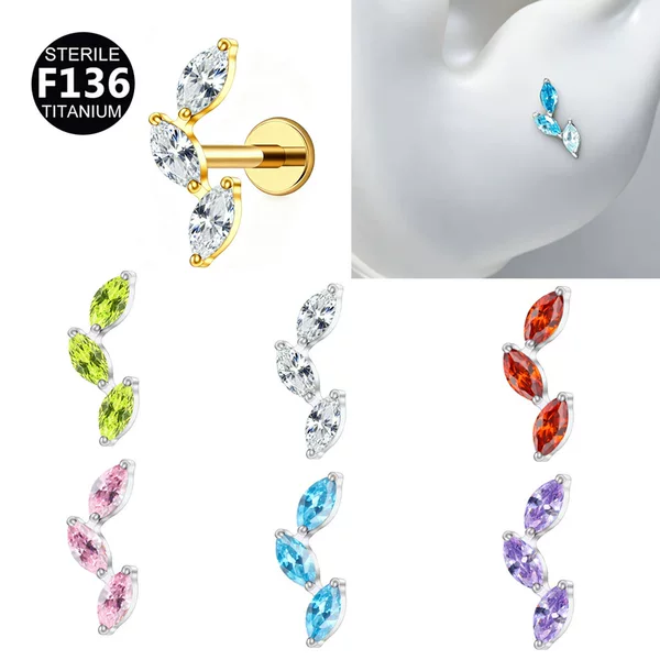 F136 Titanium Alloy with Three Zircon Stones, Horse Eye Leaf Design, Internal Thread Lip Stud, Ear Stud, Ear Bone Stud Piercing Jewelry 0.9