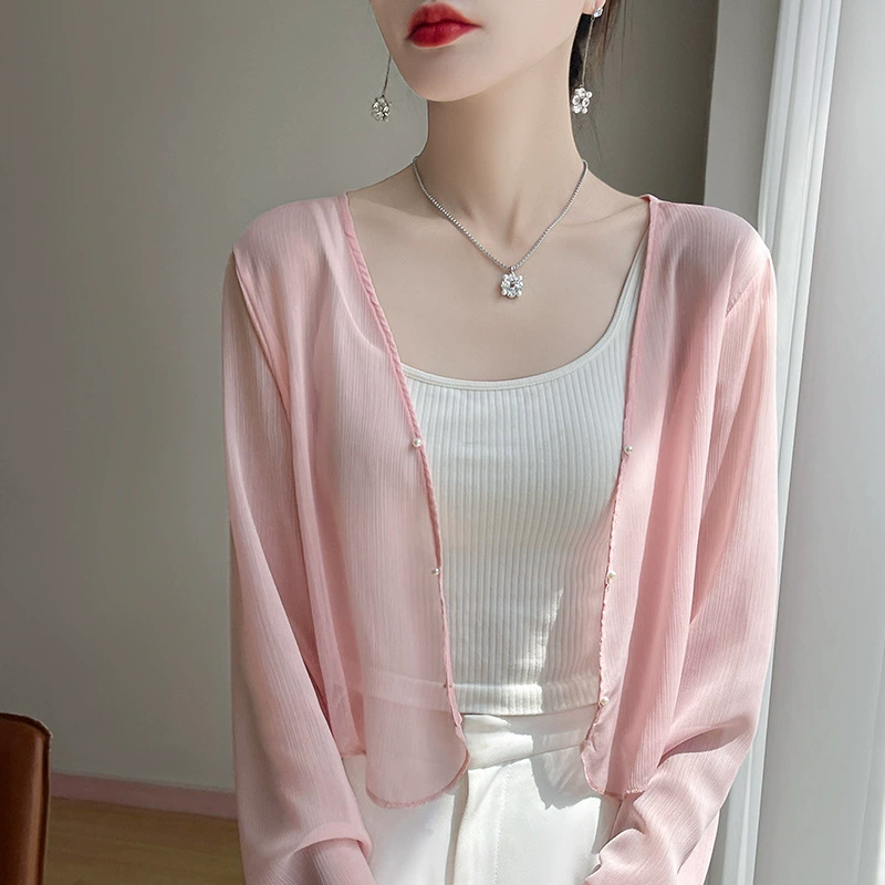 Cardigan, summer solid thin long-sleeve, V-neckline, 2025 years, oversize, sun protection