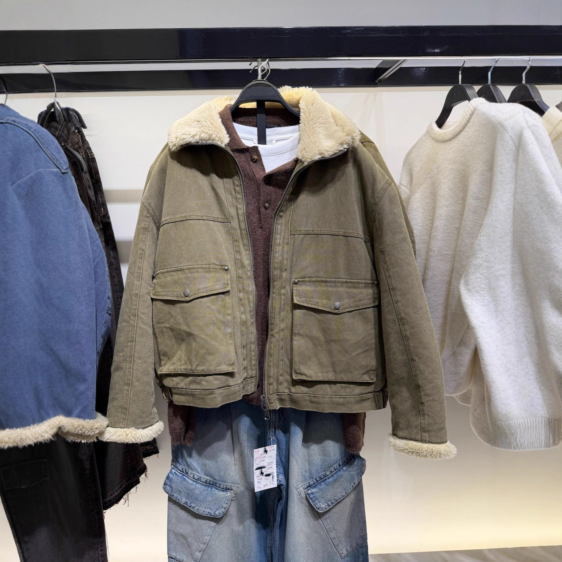 Z家 欧美男装批发抓绒卡其绿厚夹克 棉外套 仿羊羔毛棉服3833900