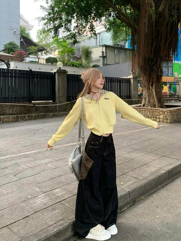 美式复古黄色格子连帽卫衣女春秋新款开衫短款设计感百搭上衣外套|undefined