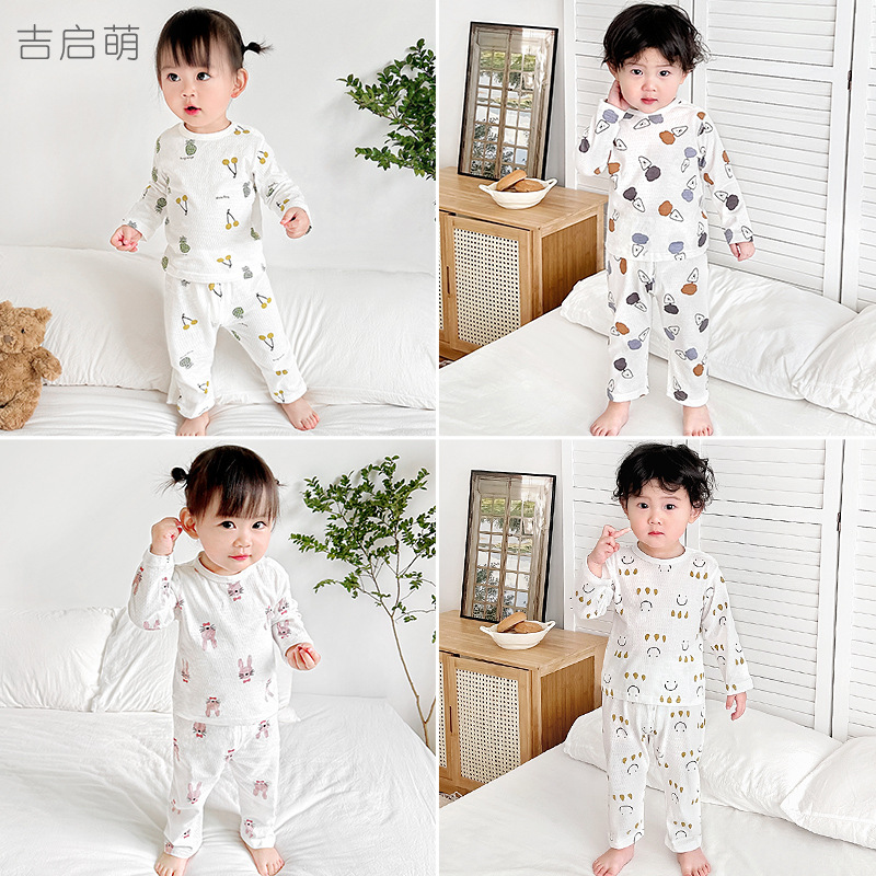 Traje de verano para niños pijamas de aire acondicionado de algodón para bebés divididos para niños y niñas de manga larga delgada de dos piezas para bebés