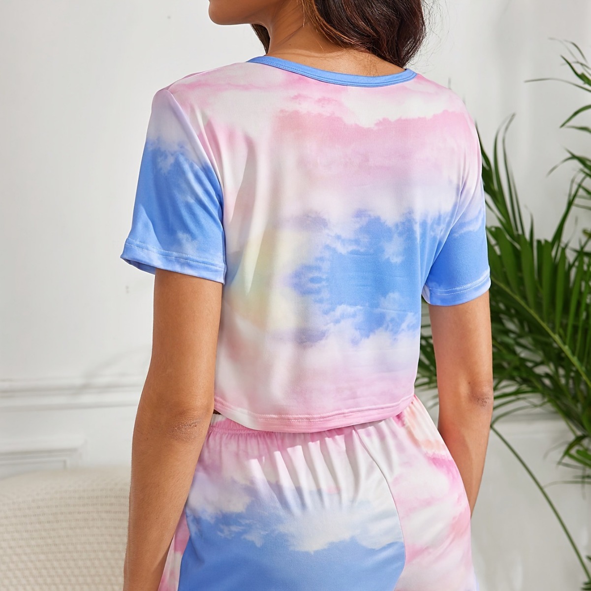 Moda europea y americana casual verano nuevo estilo estampado degradado deportes Amazon mujer cuello redondo cuello redondo pantalones cortos de manga corta