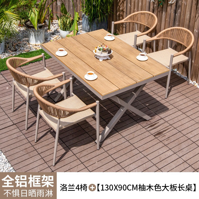 Mesas y sillas al aire libre patio de madera de plástico terraza jardín silla de mimbre balcón madera anticorrosiva al aire libre mesa de comedor de ocio combinación de ratán