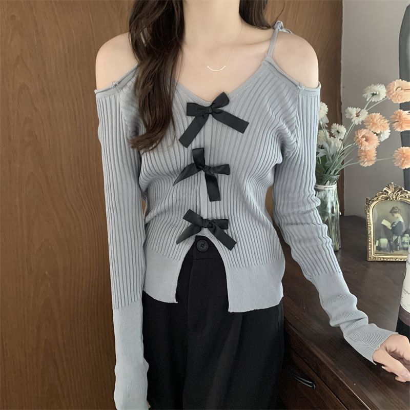 Bow sexy V-neck halter bottom knitwear female Spice girls fall short off-the-shoulder split long-sleeved top trend