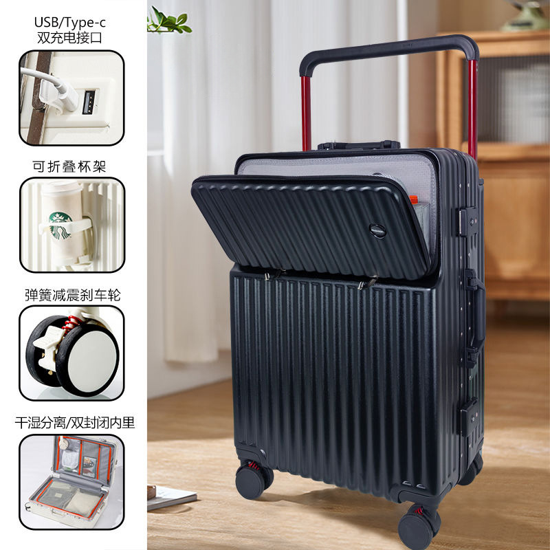 2025 marco de aluminio para equipaje, apertura frontal, caja de contraseña de varilla de tracción multifuncional de gran capacidad, rueda silenciosa para estudiantes, rueda amortiguadora