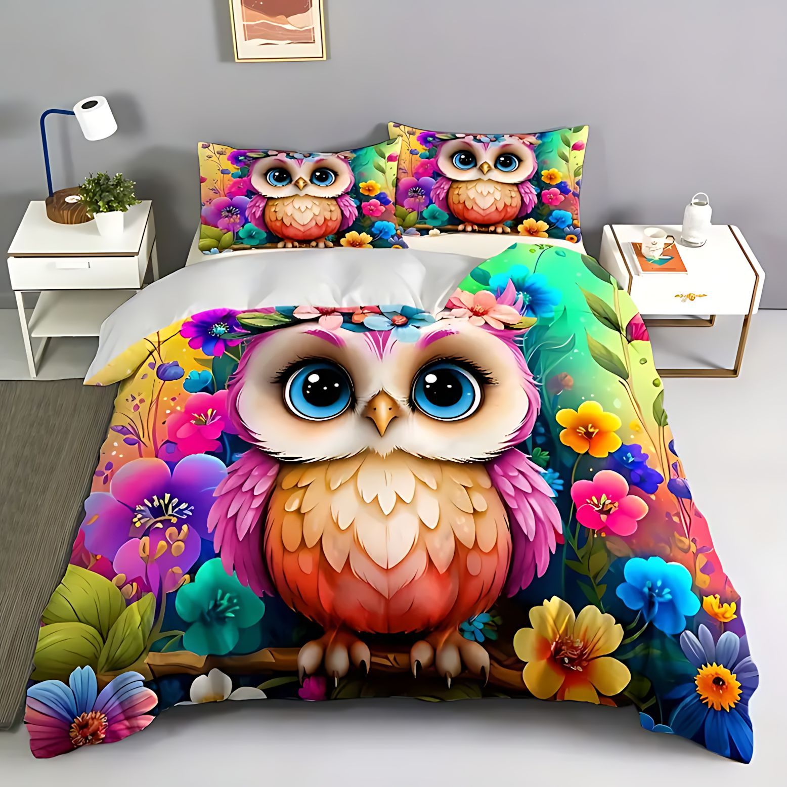 Temas de dibujos animados TEMU / JIT de comercio exterior búho impresión digital 3D cubierta de edredón con kit de cama para dibujar se puede hacer