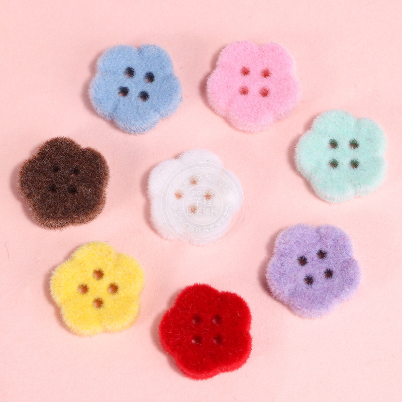 Creative Colorfulful Flower-Shaped Flocked Four-Eye Buttons Autumn and Winter New Kidsren's Sweater Jacket Fashion Decorative Buttons