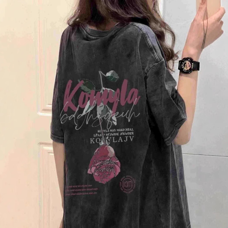 chubby girl Cotton Good-looking Old-looking Washed Black plus size Short-sleeved T-shirt Harajuku Wind Back Rose Printed Top for Men and Women chubby girl Cotton Good-looking Old-looking Washed Black plus size Short-sleeved T-shirt Harajuku Wind Back Rose Printed Top for Men and Women