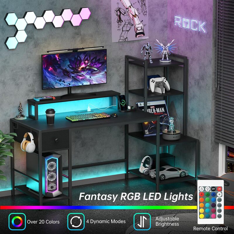Desk with Socket and Printer Shelf Computer Desk with Light Strip and Drawer Open Storage Space Interchangeable Desk with Socket and Printer Shelf Computer Desk with Light Strip and Drawer Open Storage Space Interchangeable