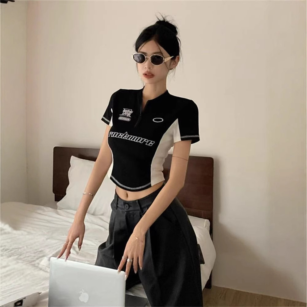 New Foreign Trade Cross-Border Functional Style Splicing Contrasting Color Versatile Short-Sleeved Summer Zipper Top Slim Fit Hot Girl